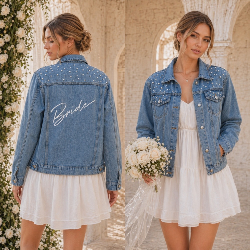 Pearl Studded Bride Denim Jacket Womens Large Light Wash Bridal Bachelorette